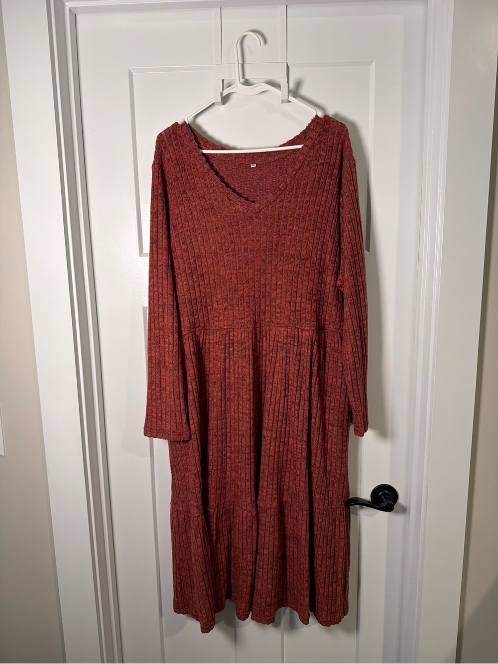 Women's Rustic Red Ribbed V-Neck Knit Dress